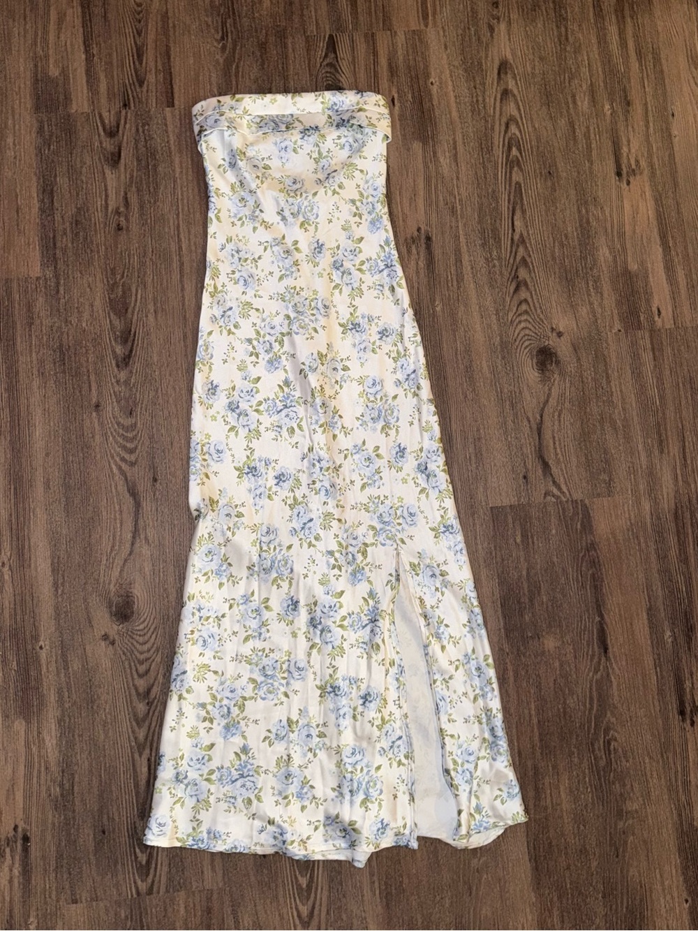 Strapless Floral Maxi Dress in White with Blue Blossoms